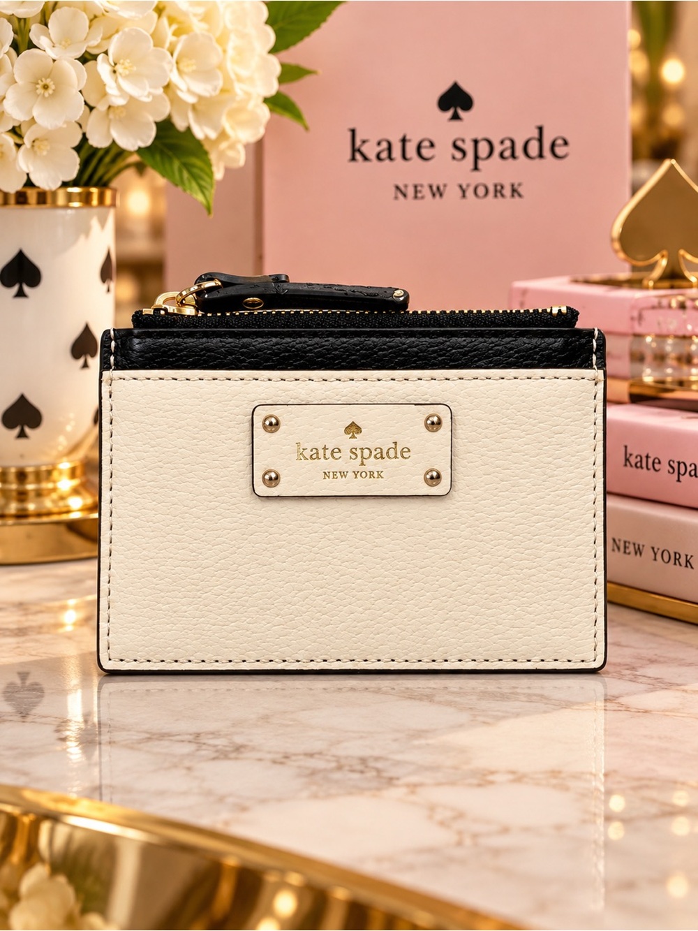 Kate Spade Adi Grove Street Leather Zip Card Holder Black Cream